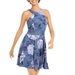 City Studio Teal Glitter Printed Sleeveless Halter Fit + Flare Dress Junior Sz 7